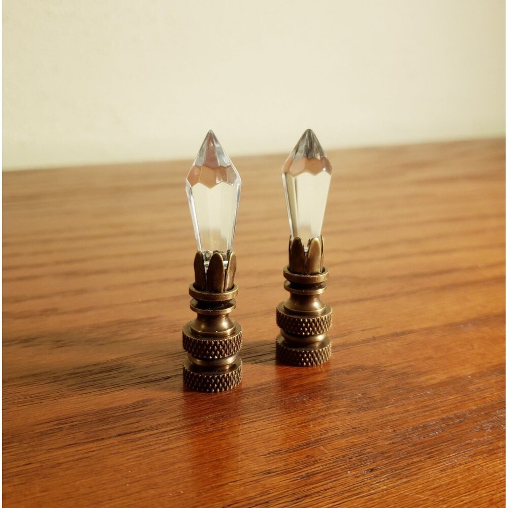Crystal Lamp Finial Faceted Cone Retro Antique Color Brass Base 2.25" Set of 2